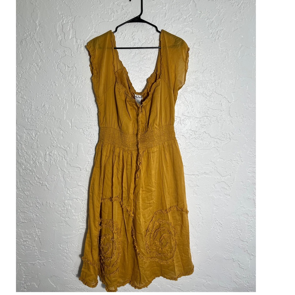 Pretty Pink Mustard Yellow Cotton Smocked Waist Swirl Ruffle Midi Dress Large‎